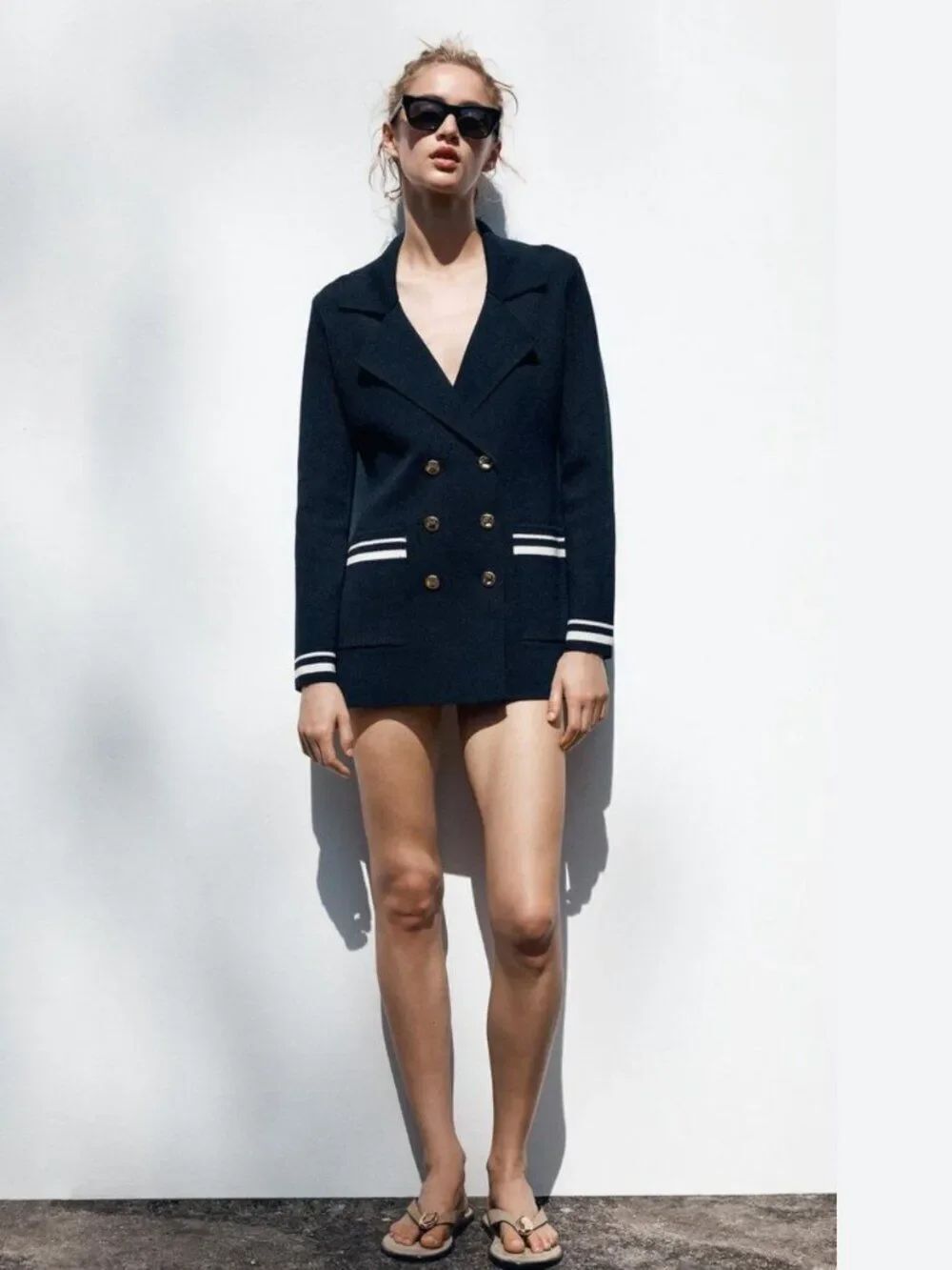 Zara Womens Blazer Jacket Medium Navy Blue Double-Breasted 4192/024 NWT
